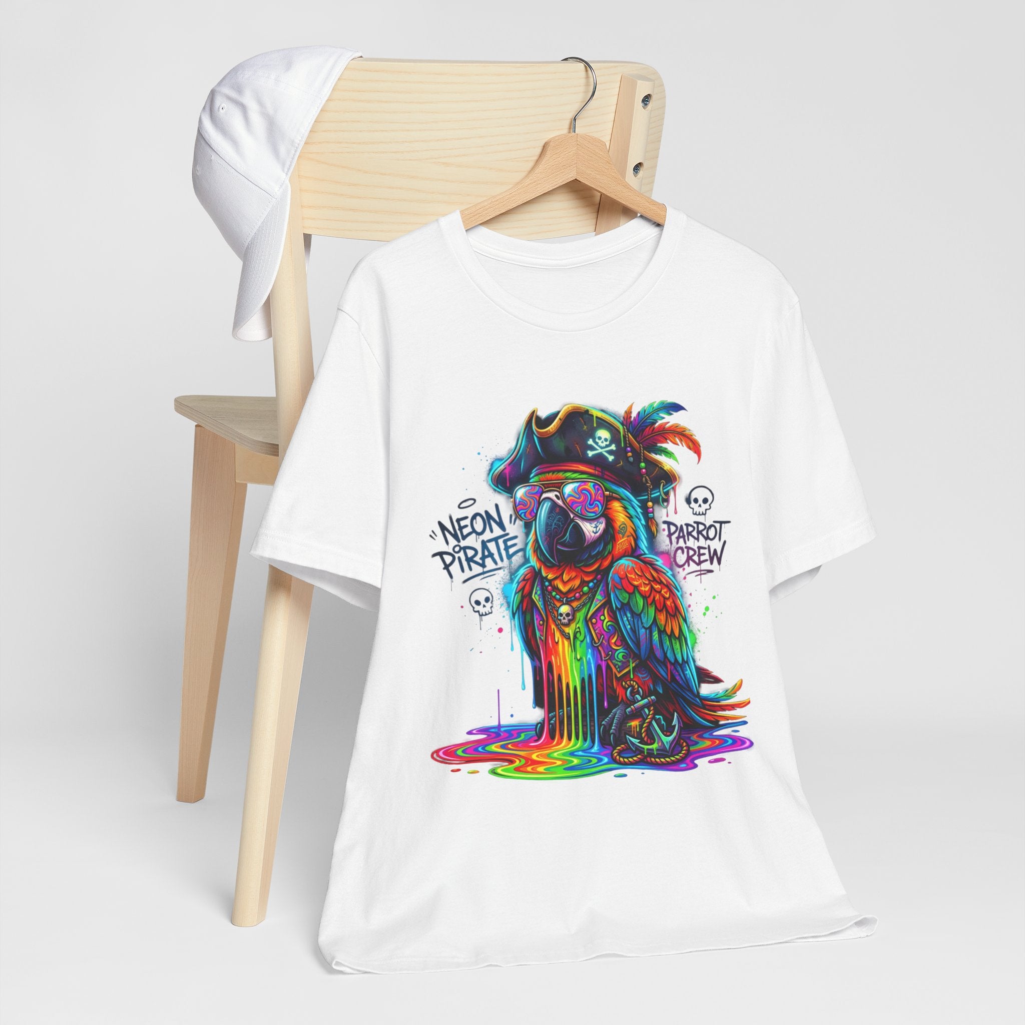 Neon Pirate Parrot Tee — Colorful Skull & 'Parrot Crew' Graphic T-Shirt