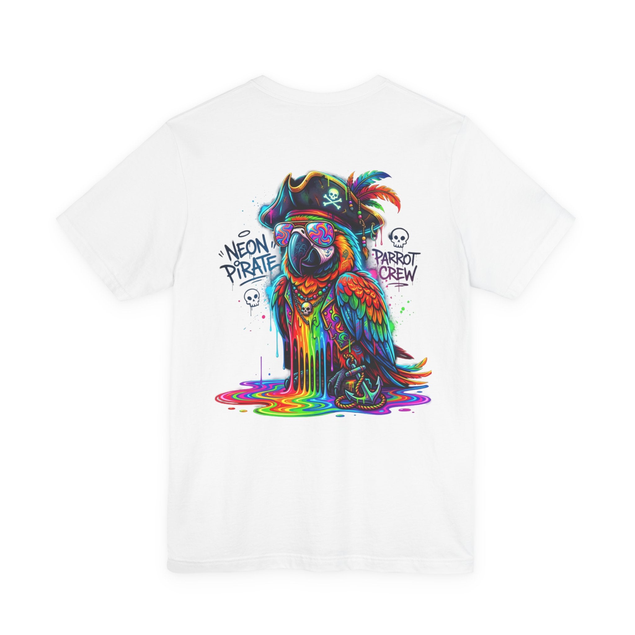 Neon Pirate Parrot Tee — Colorful Skull & 'Parrot Crew' Graphic T-Shirt