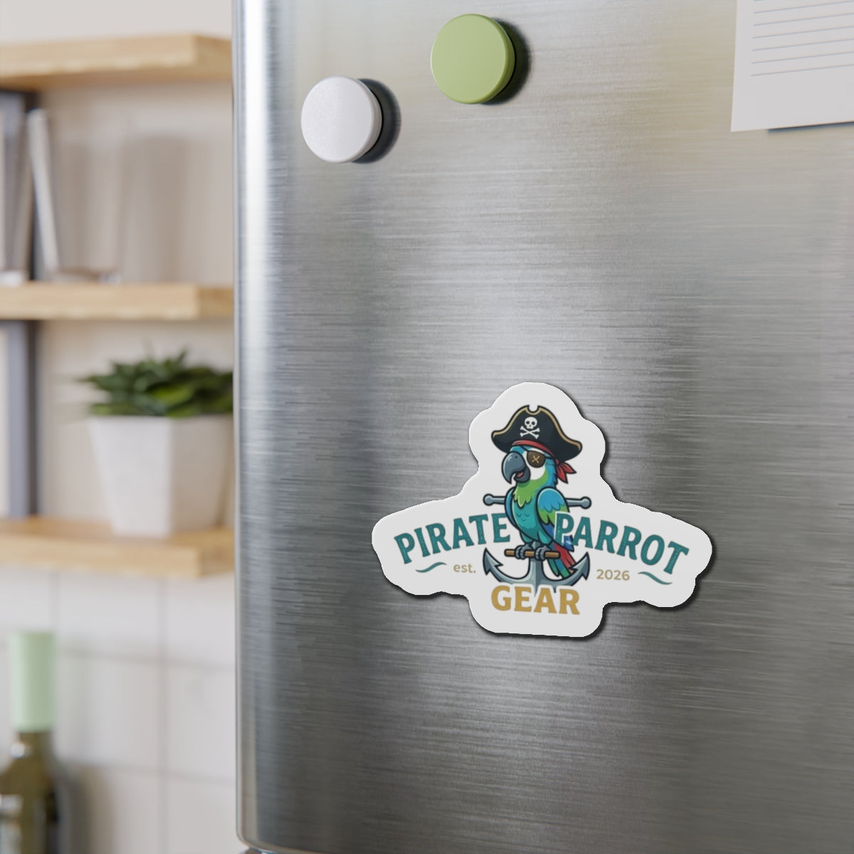 Pirate Parrot Gear Die-Cut Magnet — Cute Pirate Parrot Logo Refrigerator Magnet