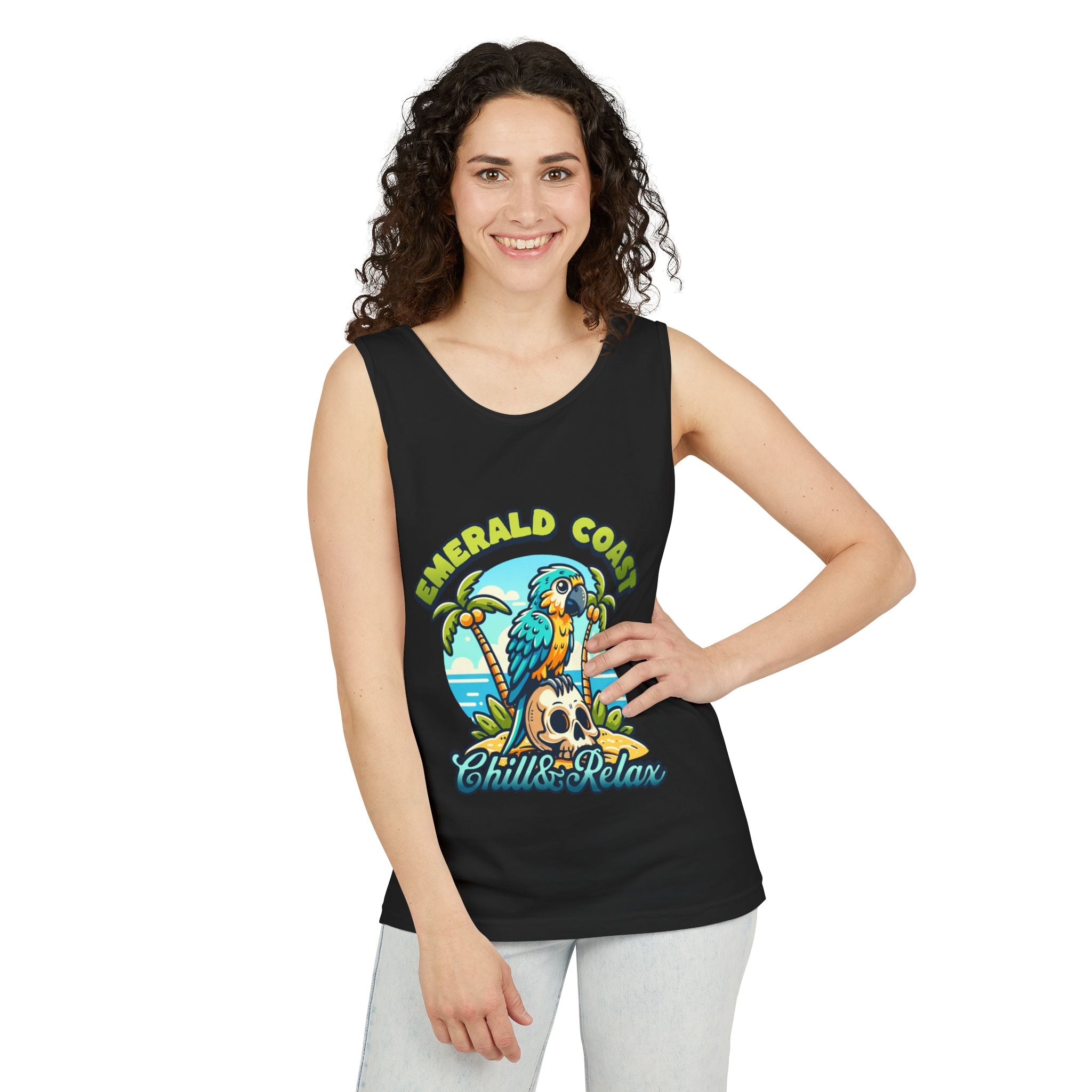 Emerald Coast Parrot Tank Top — "Chill & Relax" Beach Graphic