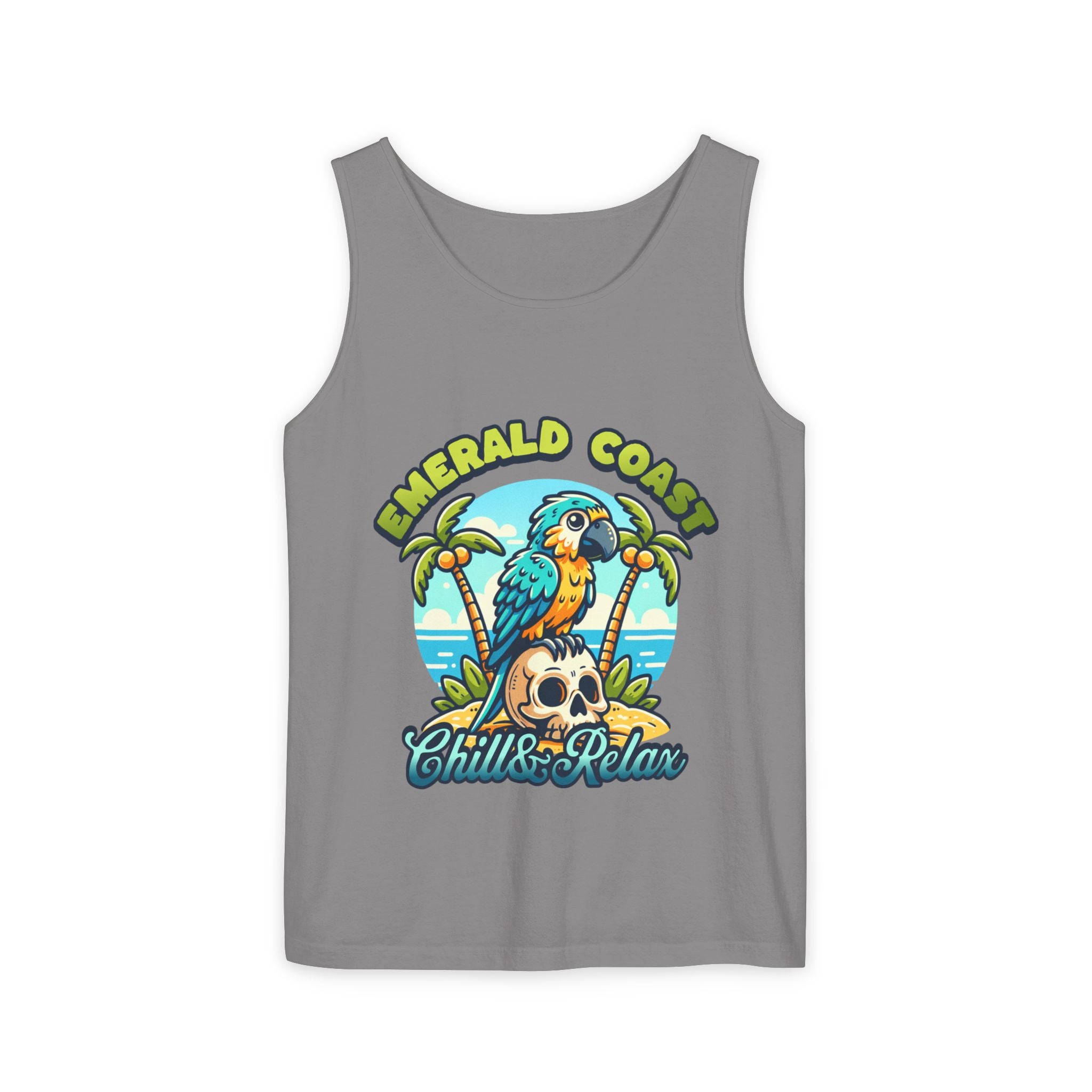 Emerald Coast Parrot Tank Top — "Chill & Relax" Beach Graphic