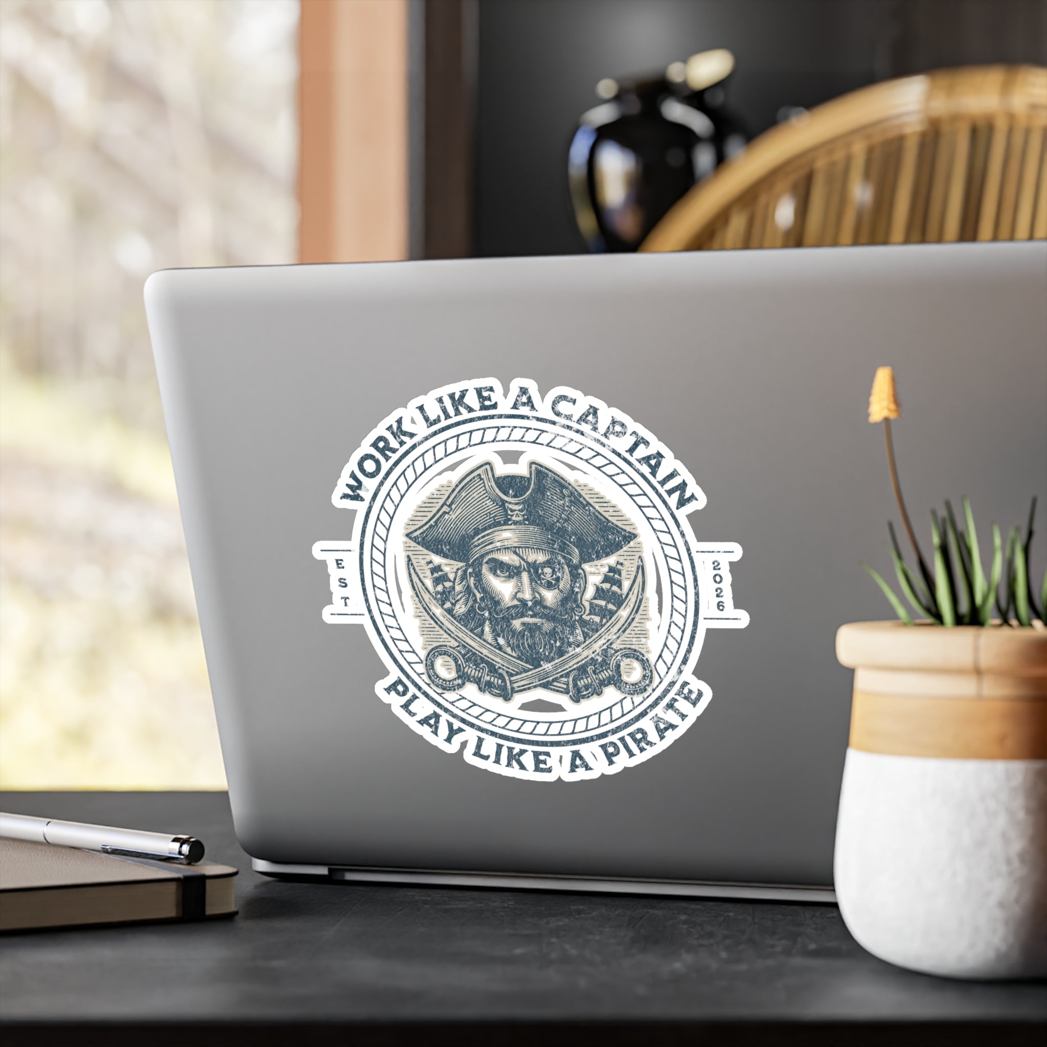 Kiss-Cut Sticker — "Work Like a Captain, Play Like a Pirate" Vintage Pirate Decal