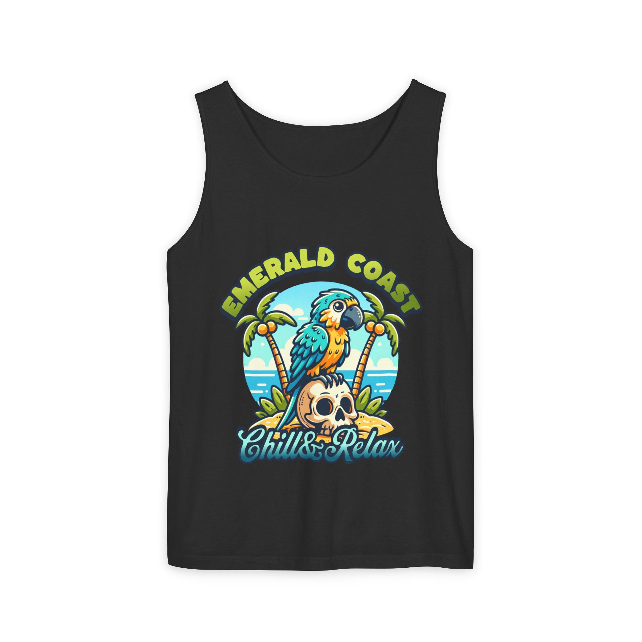Emerald Coast Parrot Tank Top — "Chill & Relax" Beach Graphic