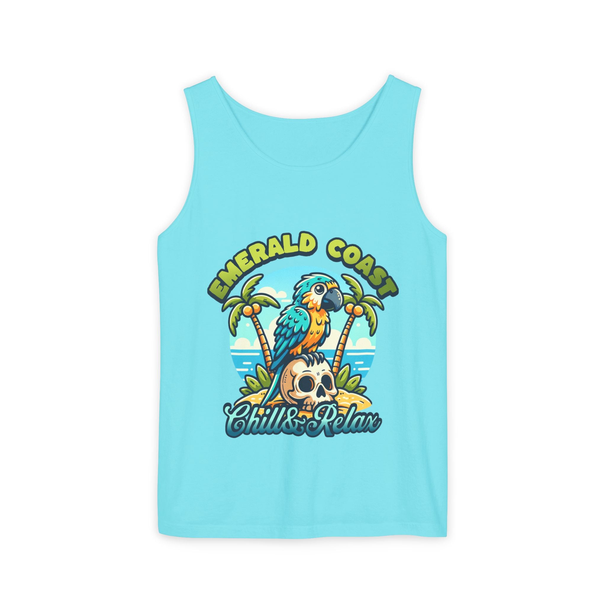 Emerald Coast Parrot Tank Top — "Chill & Relax" Beach Graphic