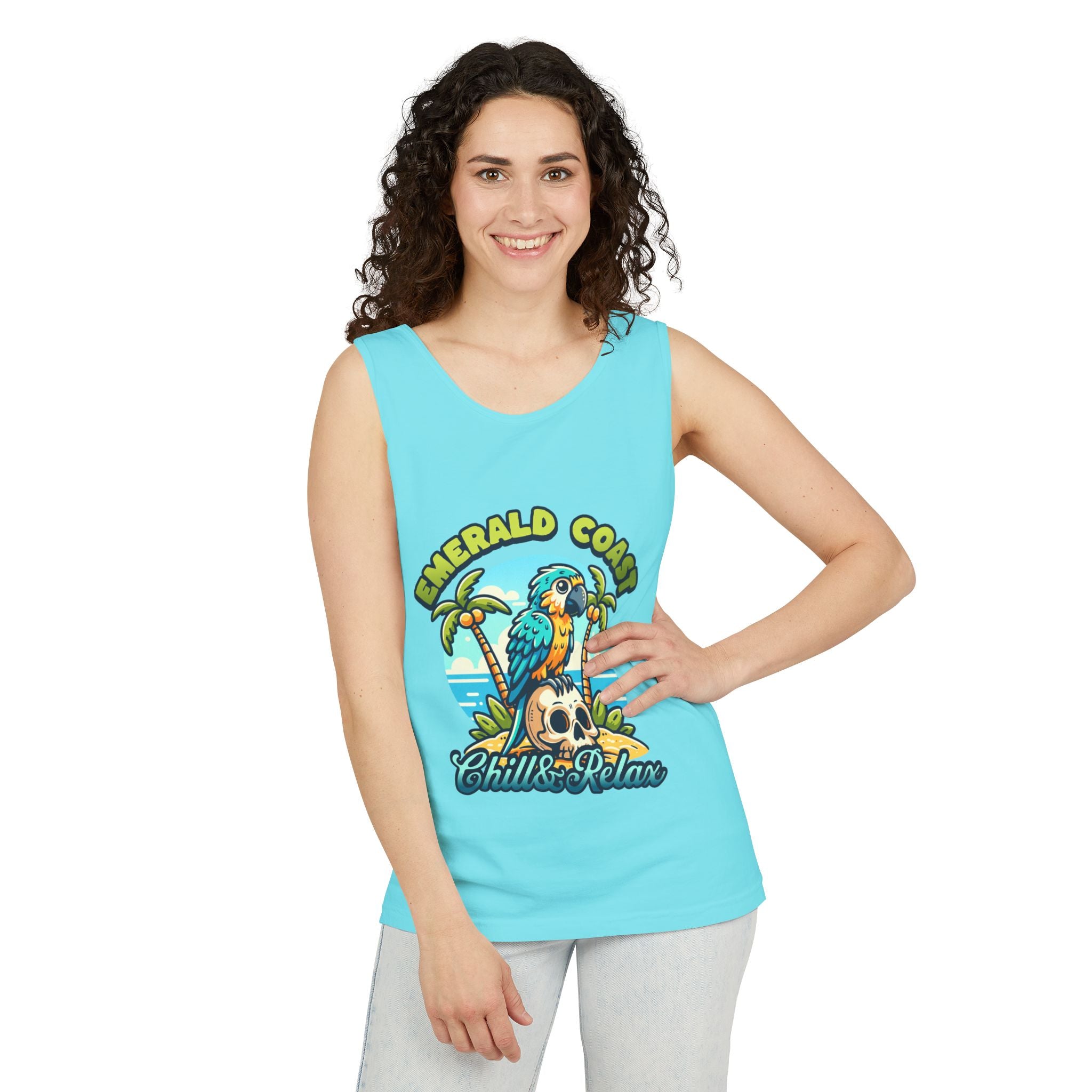 Emerald Coast Parrot Tank Top — "Chill & Relax" Beach Graphic