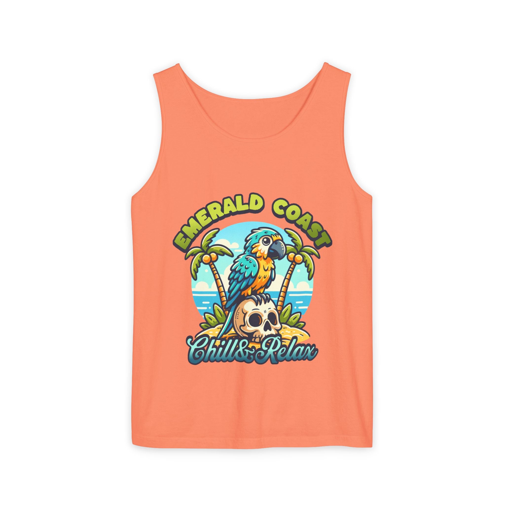 Emerald Coast Parrot Tank Top — "Chill & Relax" Beach Graphic