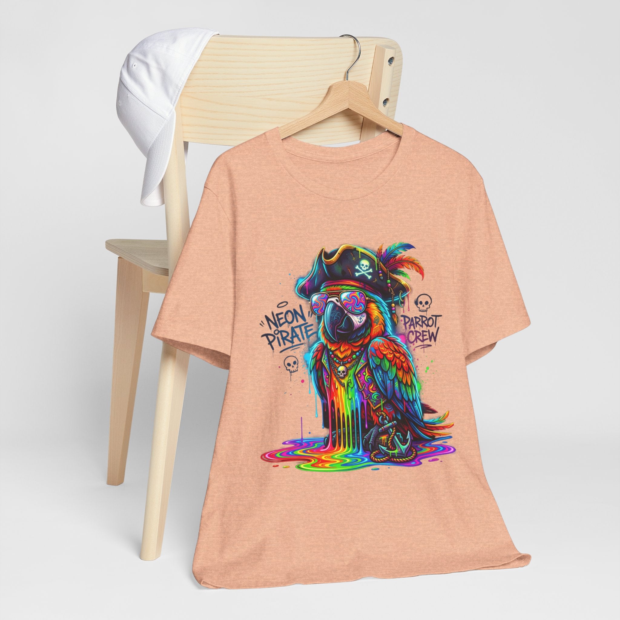 Neon Pirate Parrot Tee — Colorful Skull & 'Parrot Crew' Graphic T-Shirt