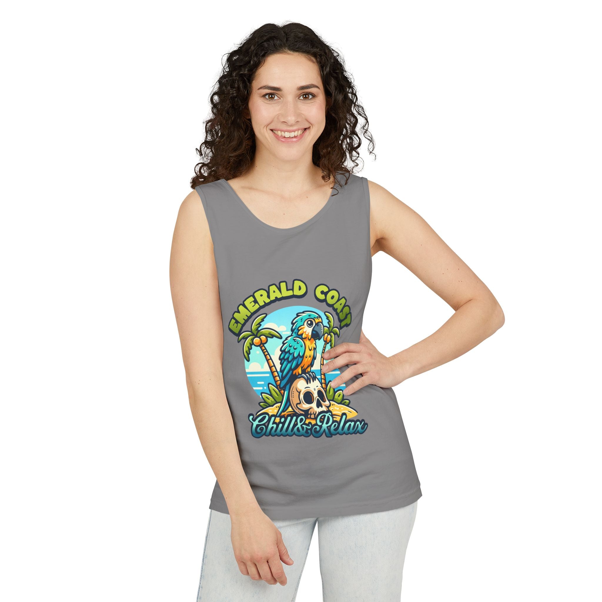 Emerald Coast Parrot Tank Top — "Chill & Relax" Beach Graphic