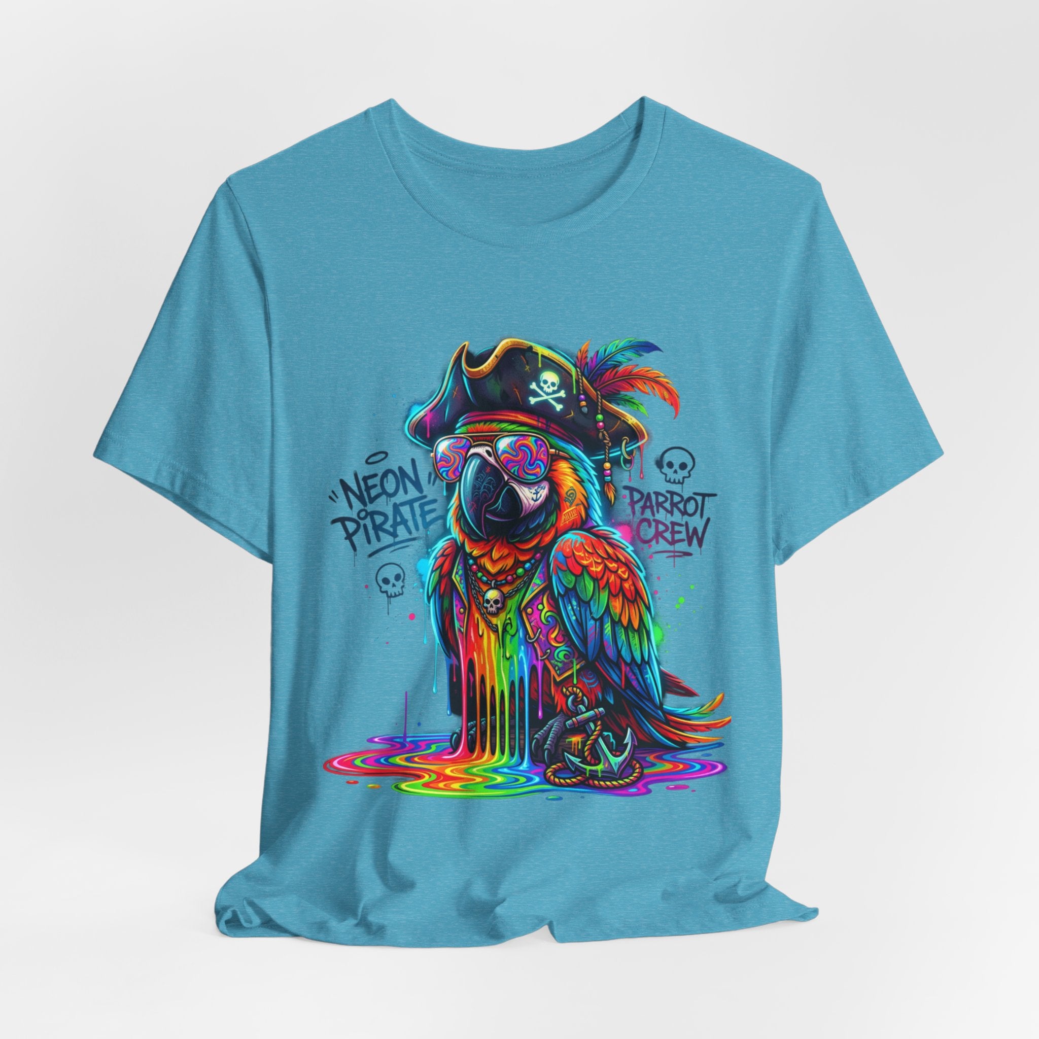 Neon Pirate Parrot Tee — Colorful Skull & 'Parrot Crew' Graphic T-Shirt