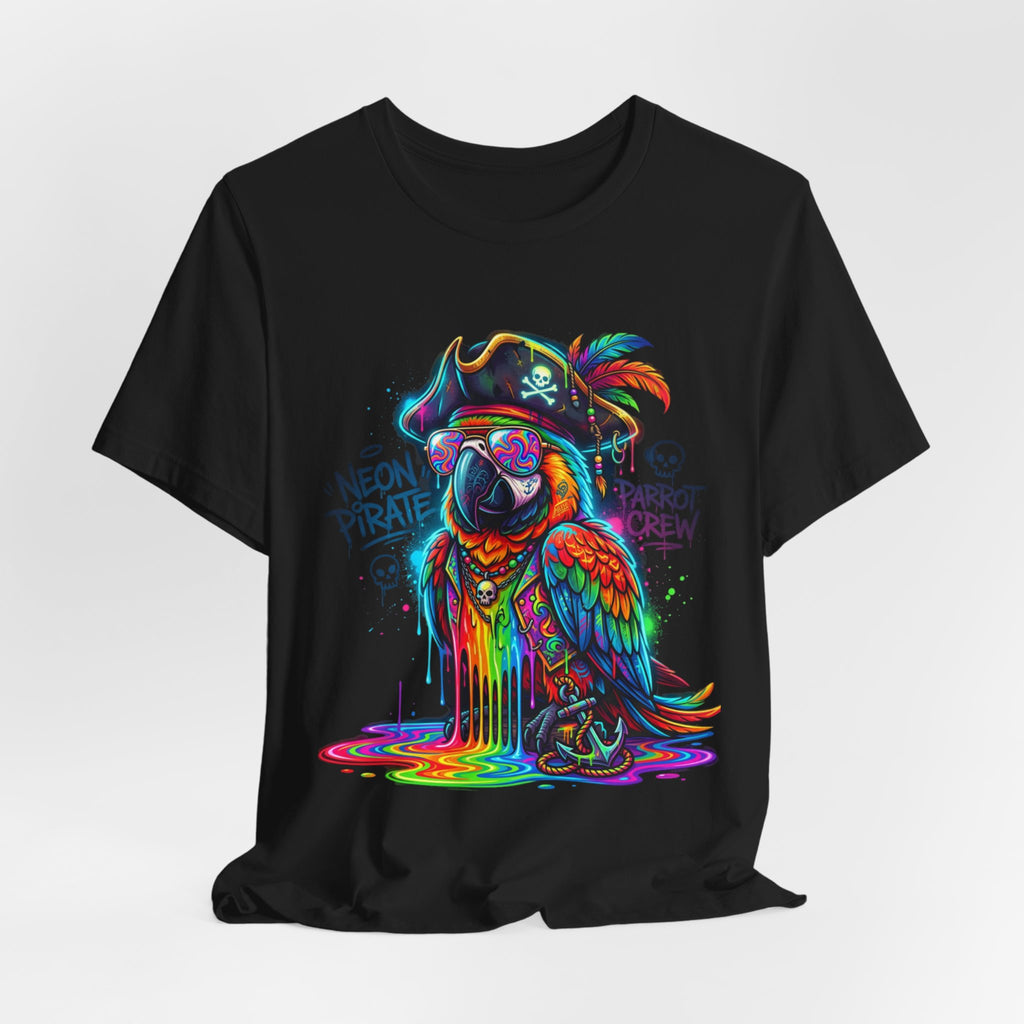 Neon Pirate Parrot Tee — Colorful Skull & 'Parrot Crew' Graphic T-Shirt