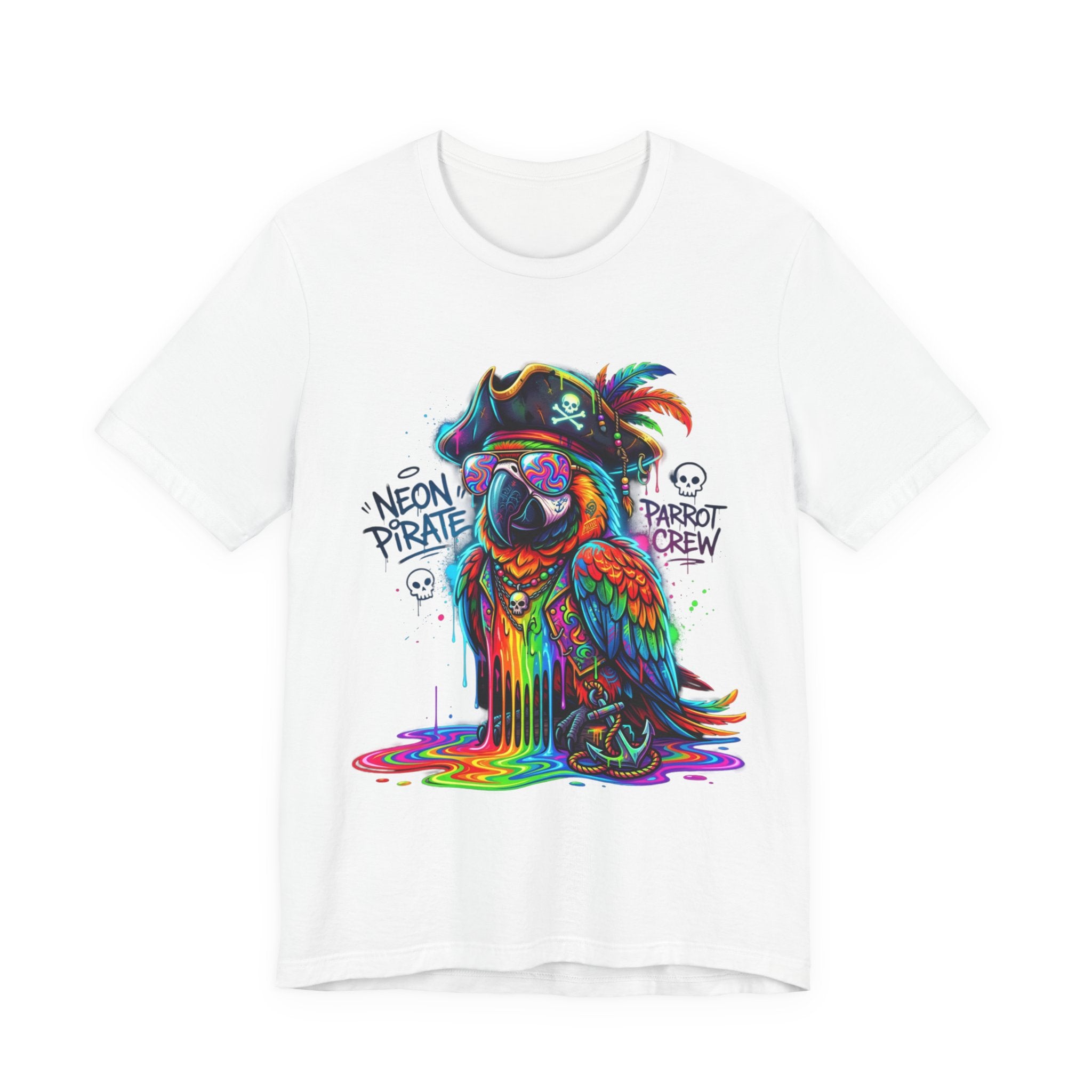 Neon Pirate Parrot Tee — Colorful Skull & 'Parrot Crew' Graphic T-Shirt